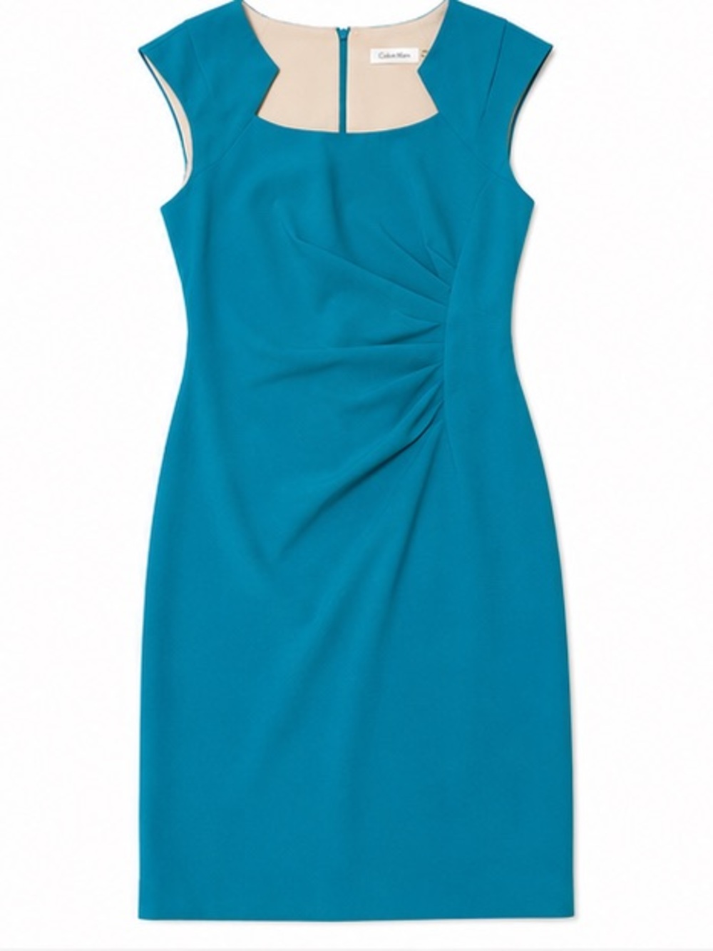 Calvin Klein Teal Cap-Sleeve Sheath Dress with Neutral Neckline